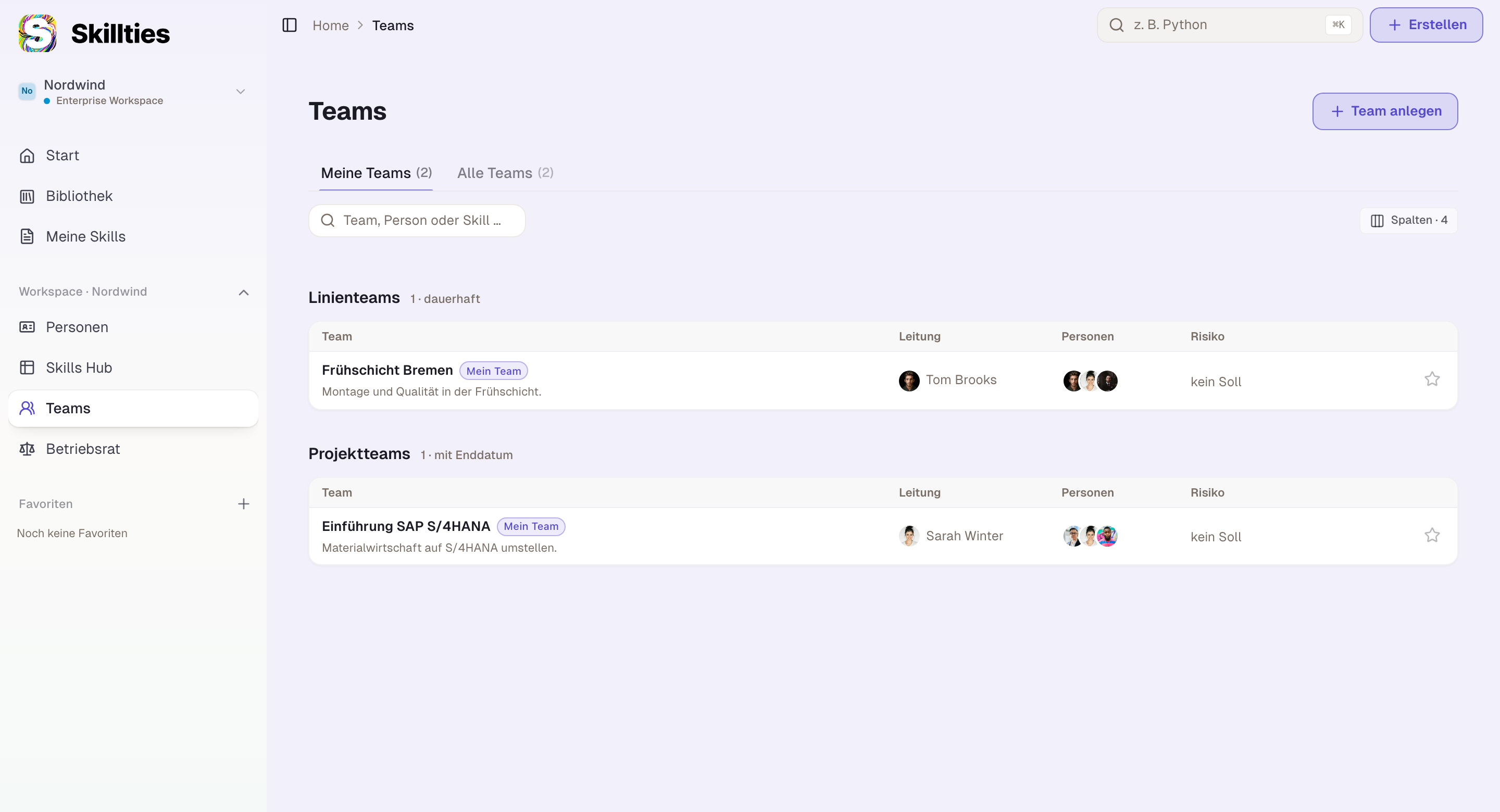 Die App Teams bei Nordwind: Frühschicht Bremen als Linienteam, die Einführung SAP S/4HANA als Projektteam. Welche Skills hier je Mitglied stehen, folgt den vier Rechten für Personen in Teams.
