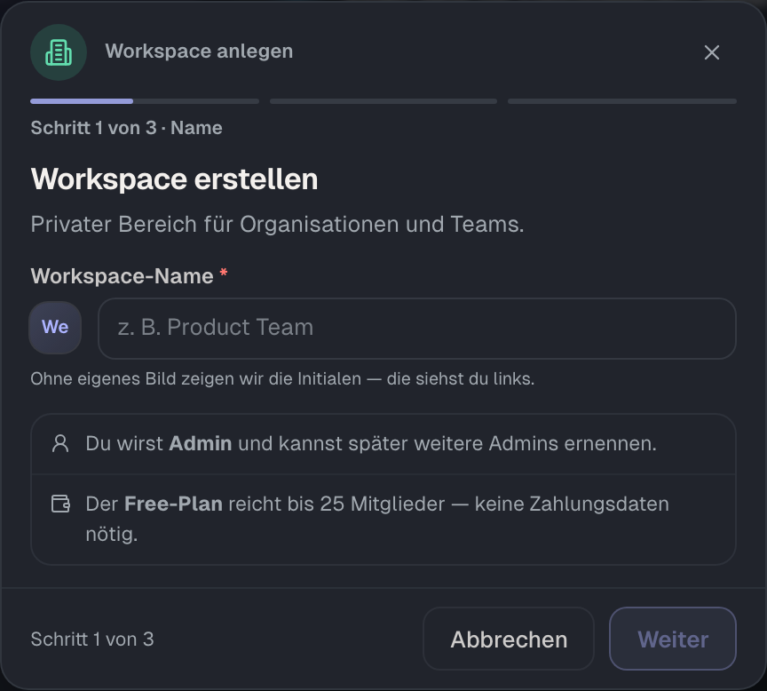 Der Dialog „Neuer Workspace“: drei Schritte, Name zuerst.
