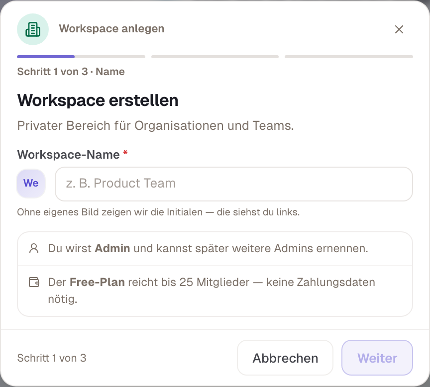 Der Dialog „Neuer Workspace“: drei Schritte, Name zuerst.