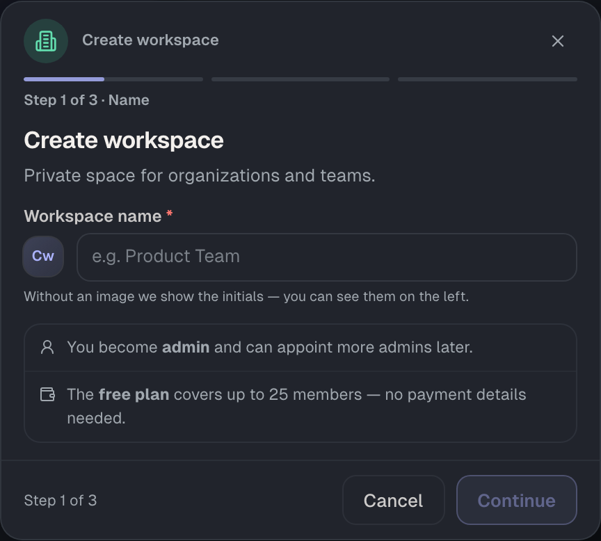 The “New workspace” dialog: three steps, the name first.
