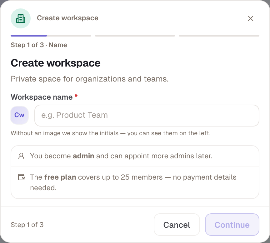 The “New workspace” dialog: three steps, the name first.