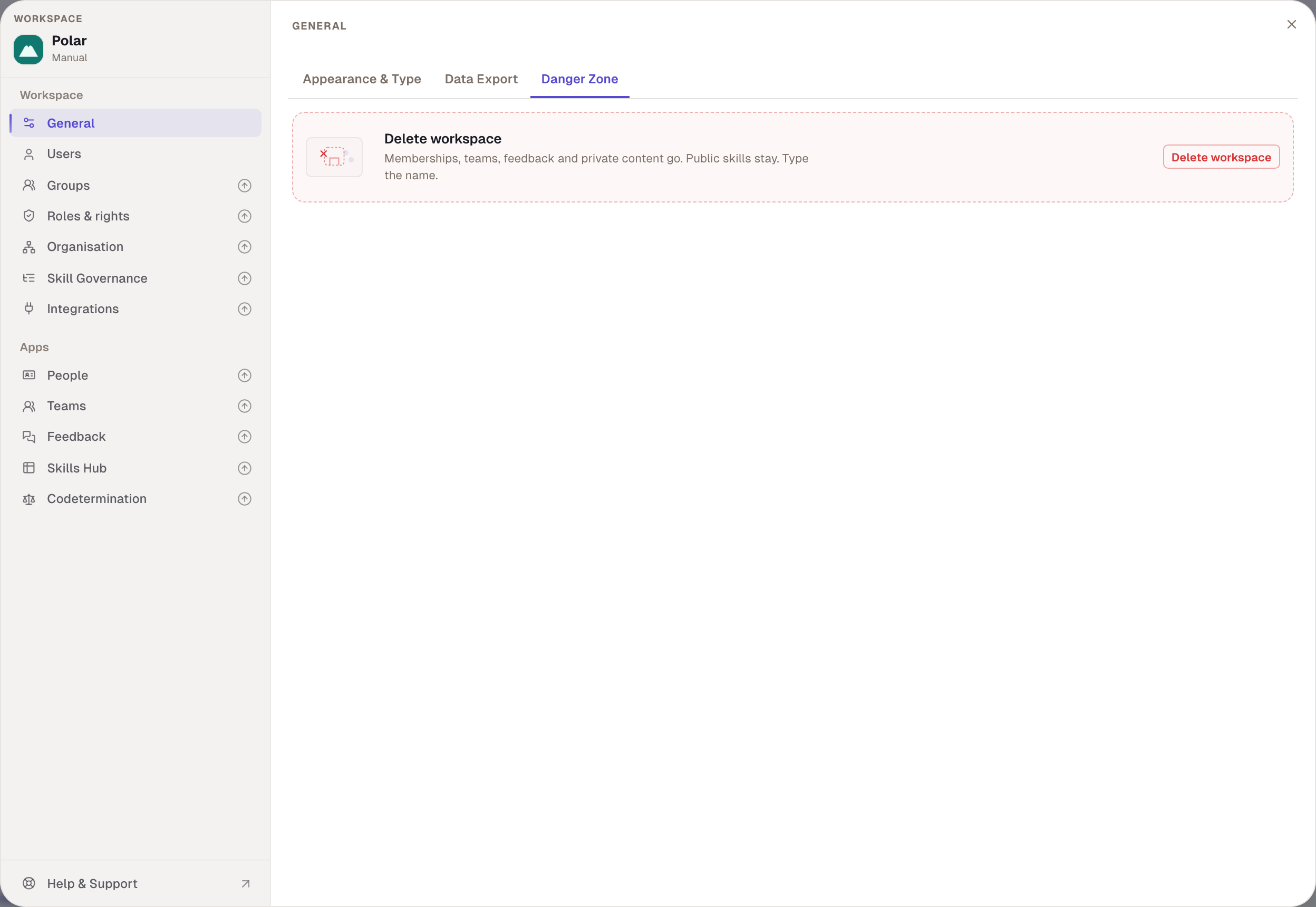 The Danger Zone of a manual workspace: deleting needs an export, the name as confirmation, and is scheduled with a 14-day period.