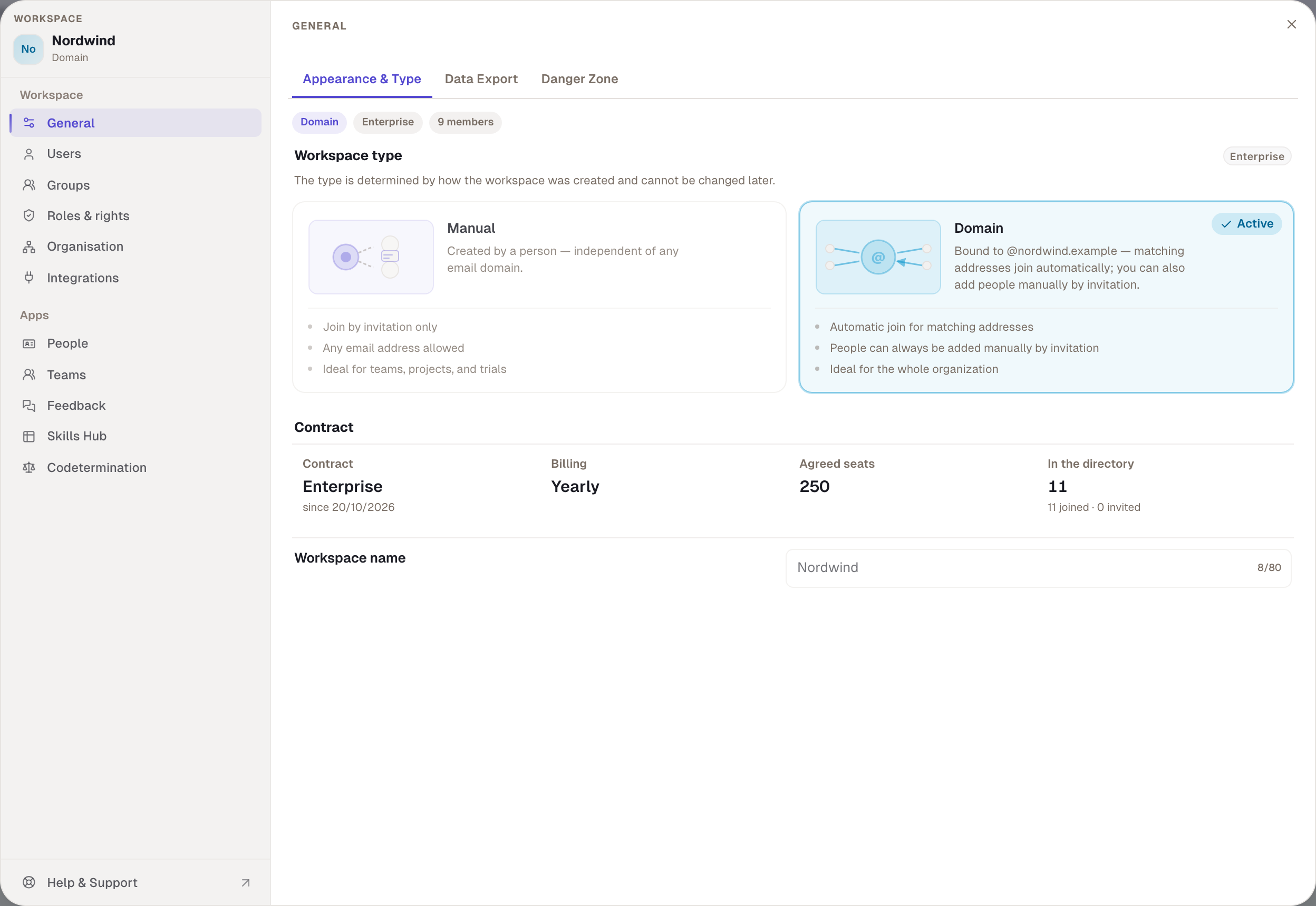 General › Appearance & Type for a domain workspace: the active type is marked, the name below.