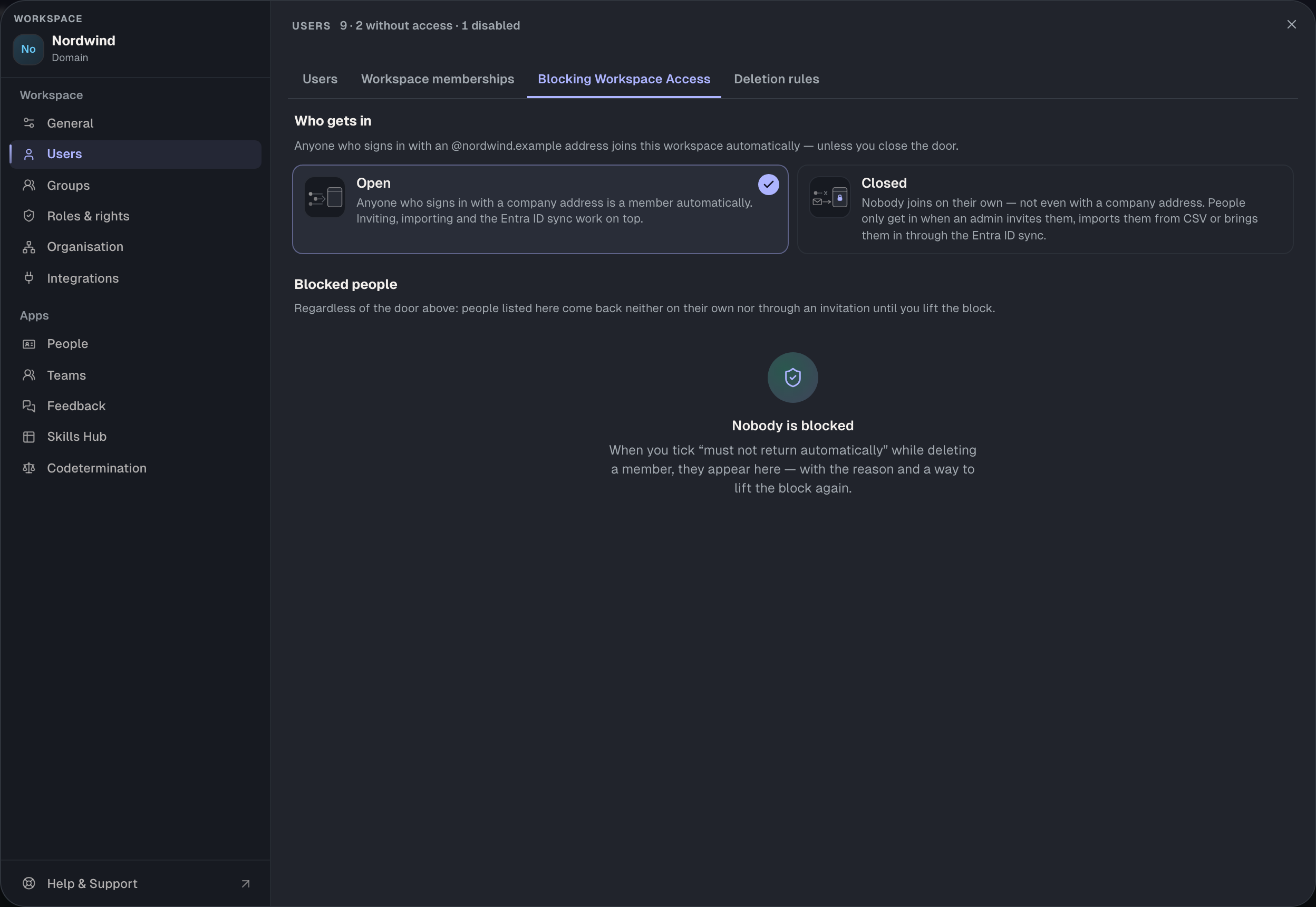 “Who gets in”: Nordwind is set to “Open”. Below are the blocked people, here nobody.