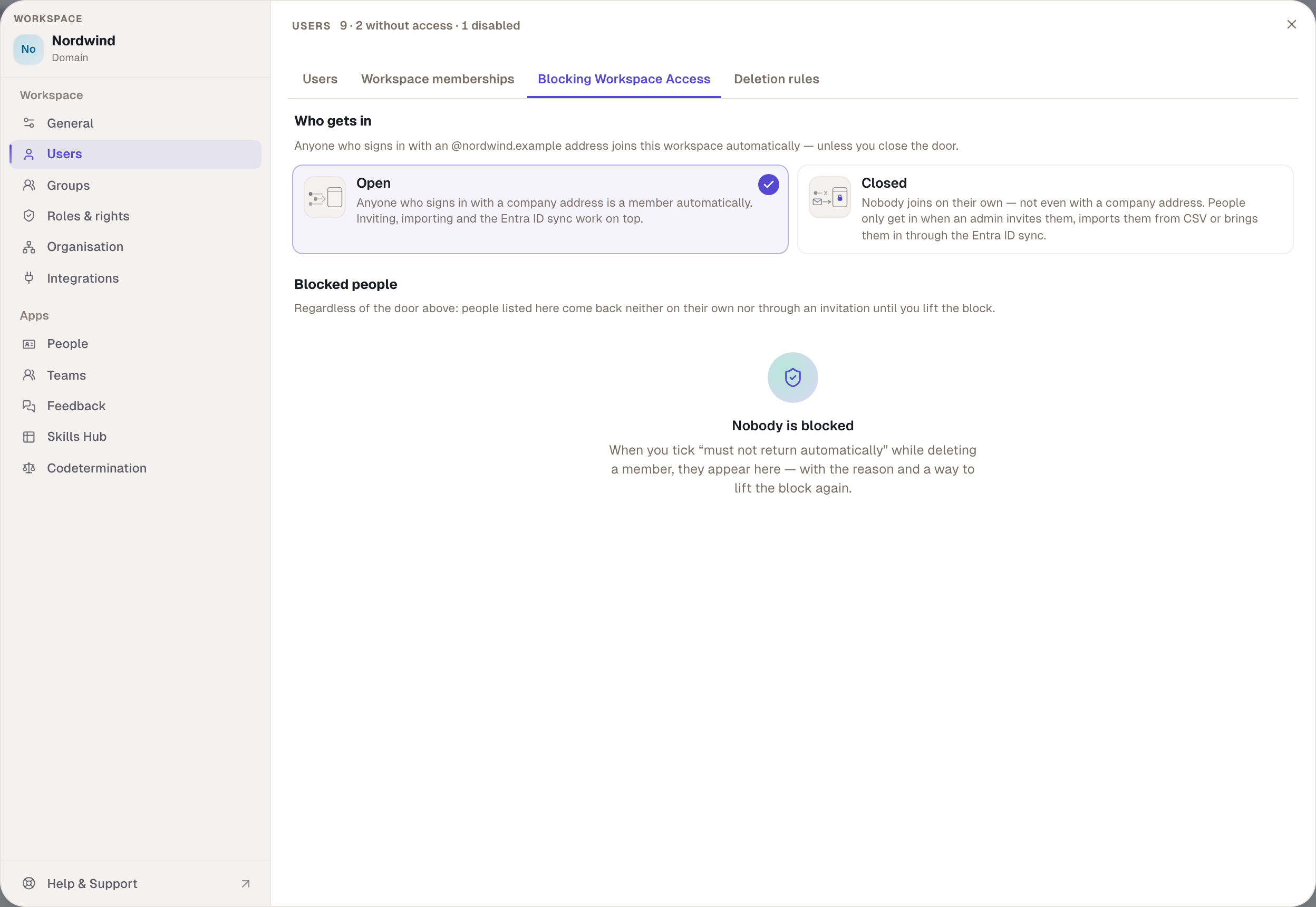 “Who gets in”: Nordwind is set to “Open”. Below are the blocked people, here nobody.