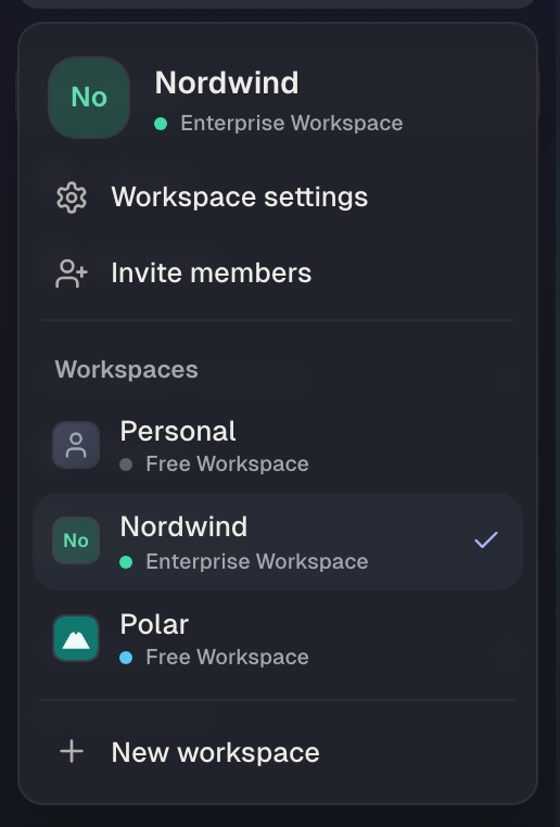 The switcher: Nordwind is active and runs on the Enterprise plan; next to it the personal area and the manual workspaces “Polar” (Free) and “Boreal” (Business).