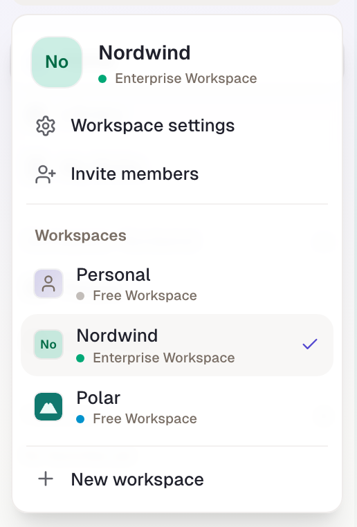 The switcher: Nordwind is active and runs on the Enterprise plan; next to it the personal area and the manual workspaces “Polar” (Free) and “Boreal” (Business).